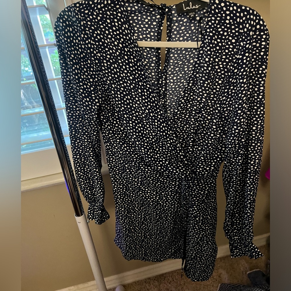 Lulus Navy blue with white polka dots Satin wrap dress. Size medium.